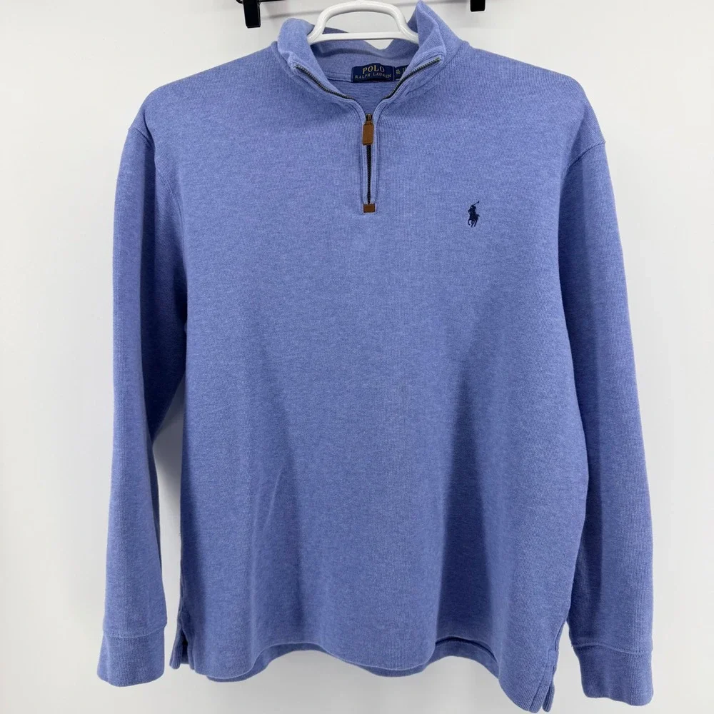 Polo Ralph Lauren Quarter Zip Cotton Pullover Sweater XL Blue Heathered Pony